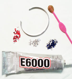 Supplies needed to glue rhinestones to a metal bangle
