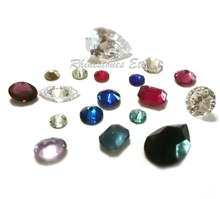 Rhinestones in different shapes, sizes, and colors