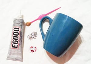 Supplies for embellishing a mug with rhinestones
