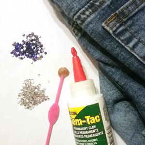 Supplies needed to rhinestone a pair of jeans