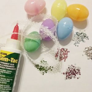 Supplies needed to make a rhinestone Easter door hanging